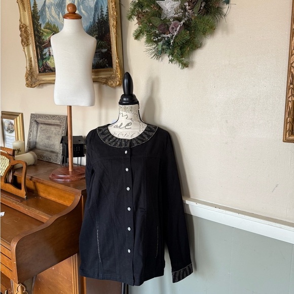 Quacker Factory Black and Silver Bling Jean Jacket with Embroidered Collar NWT - Picture 8 of 8